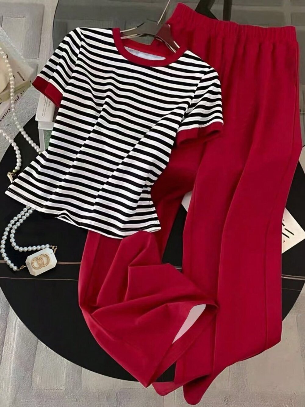 Multicolor Casual Women's Striped Short Sleeve T-Shirt And Pants